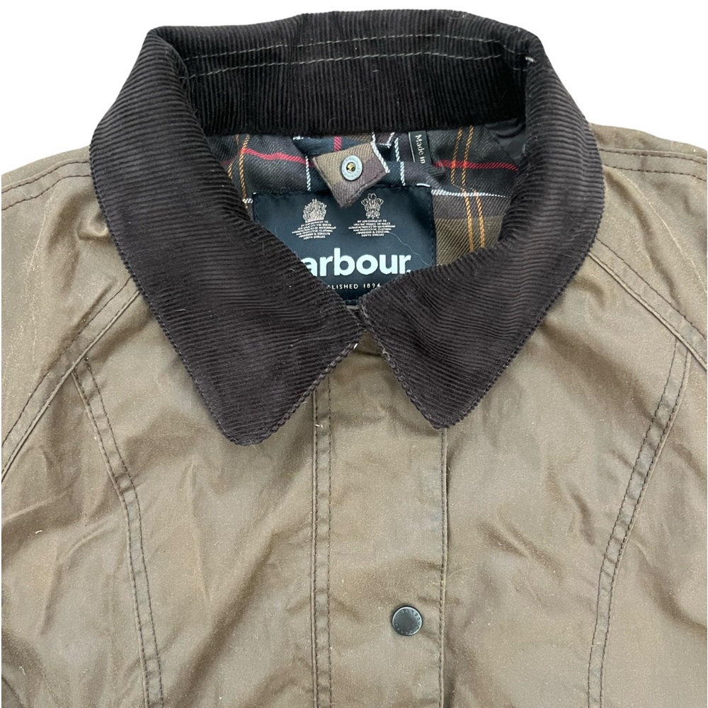 Womens Barbour Waxed Canvas Cotton Olive Green Full Zip Plaid Lined Jacket Sz 12 - Picture 6 of 8